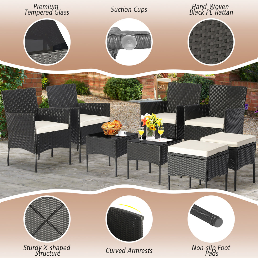 8PCS Outdoor Conversation Furniture Set Patio PE Rattan Sofa Set w/ Tables and Ottoman Image 6