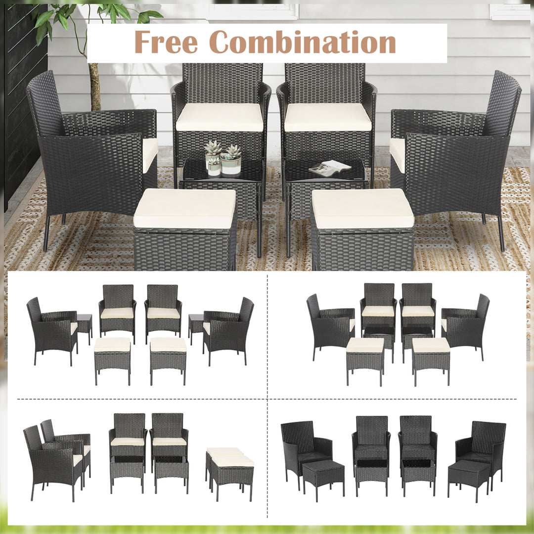 8PCS Outdoor Conversation Furniture Set Patio PE Rattan Sofa Set w/ Tables and Ottoman Image 7