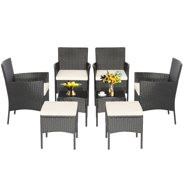 8PCS Outdoor Conversation Furniture Set Patio PE Rattan Sofa Set w/ Tables and Ottoman Image 2