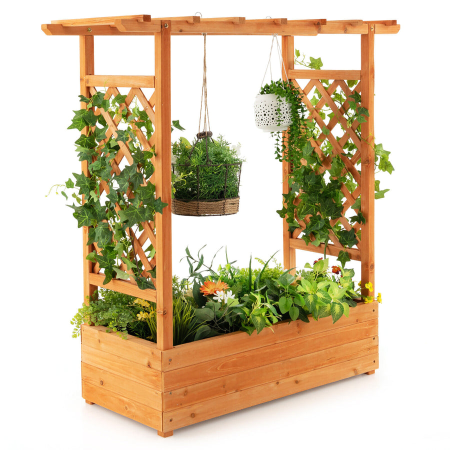 Raised Garden Bed Planter Box w/ Side and Top Trellis for Vine Climbing Plants Image 1