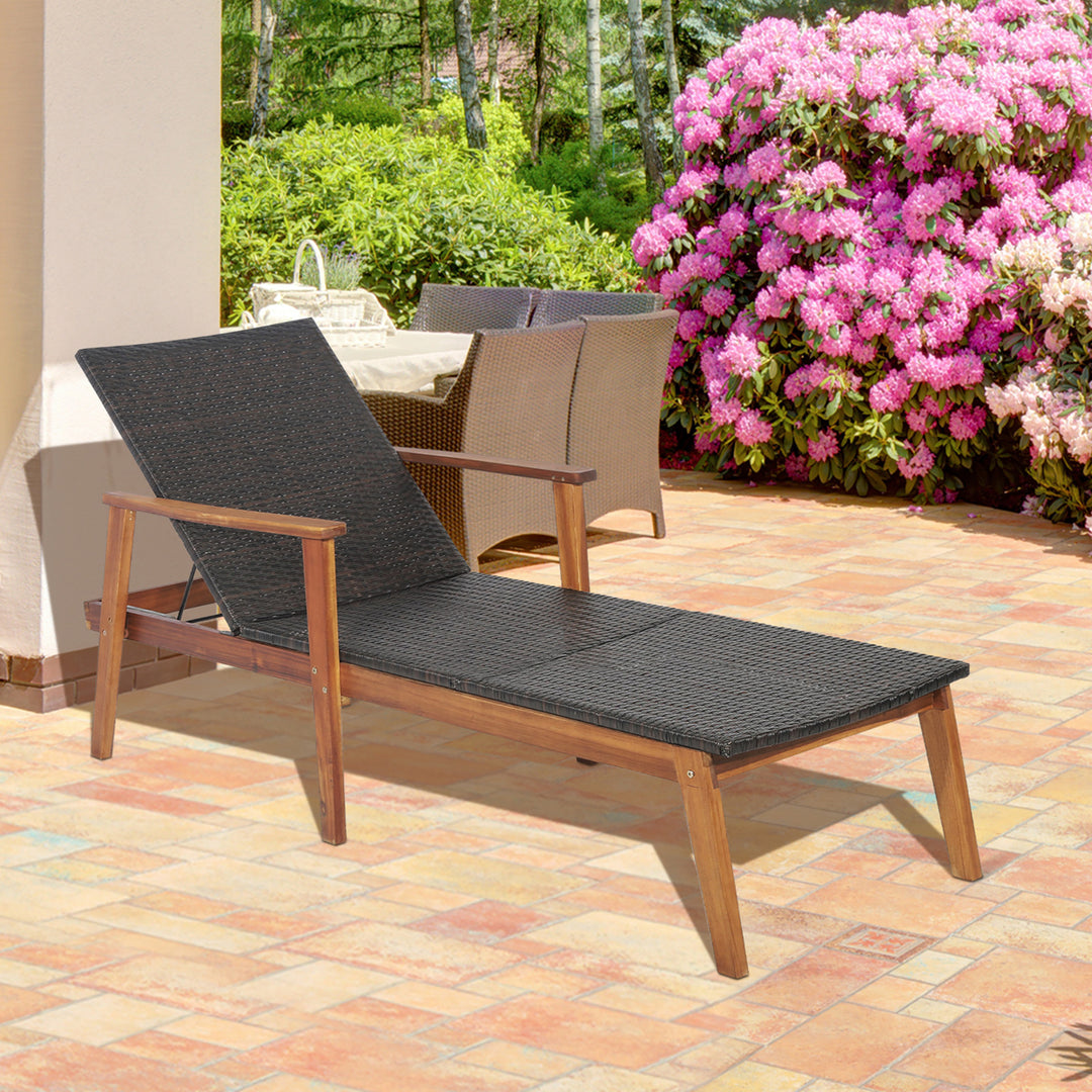 2PCS Adjustable Patio Rattan Lounge Chair Recliner Outdoor Chaise Acacia Wood Frame Image 4