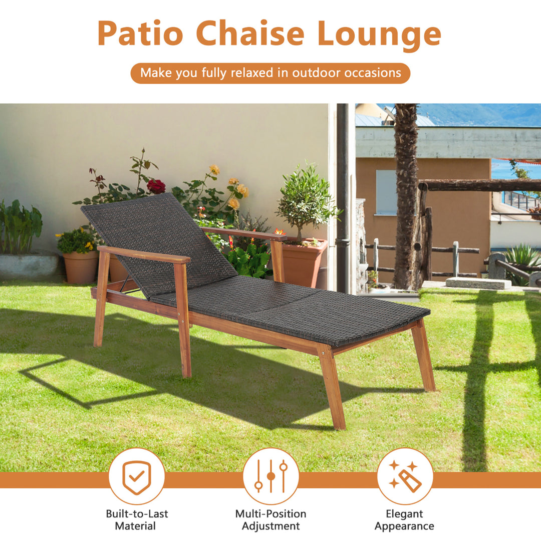 2PCS Adjustable Patio Rattan Lounge Chair Recliner Outdoor Chaise Acacia Wood Frame Image 5