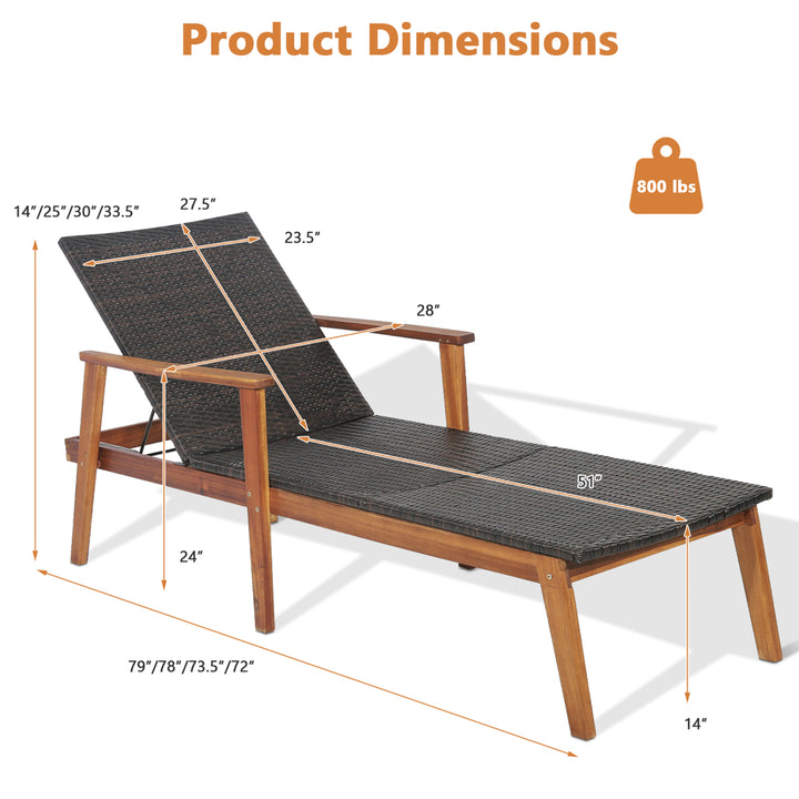 Adjustable Patio Rattan Lounge Chair Recliner Outdoor Chaise Acacia Wood Frame Image 3