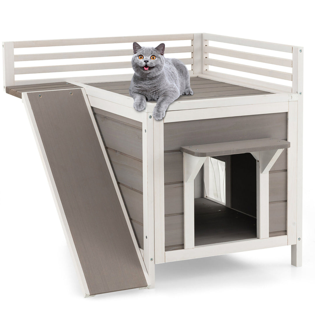 Outdoor Feral Cat House Wooden Kitty Shelter with Balcony and Slide Image 1