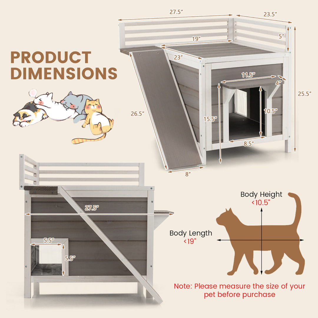 Outdoor Feral Cat House Wooden Kitty Shelter with Balcony and Slide Image 2