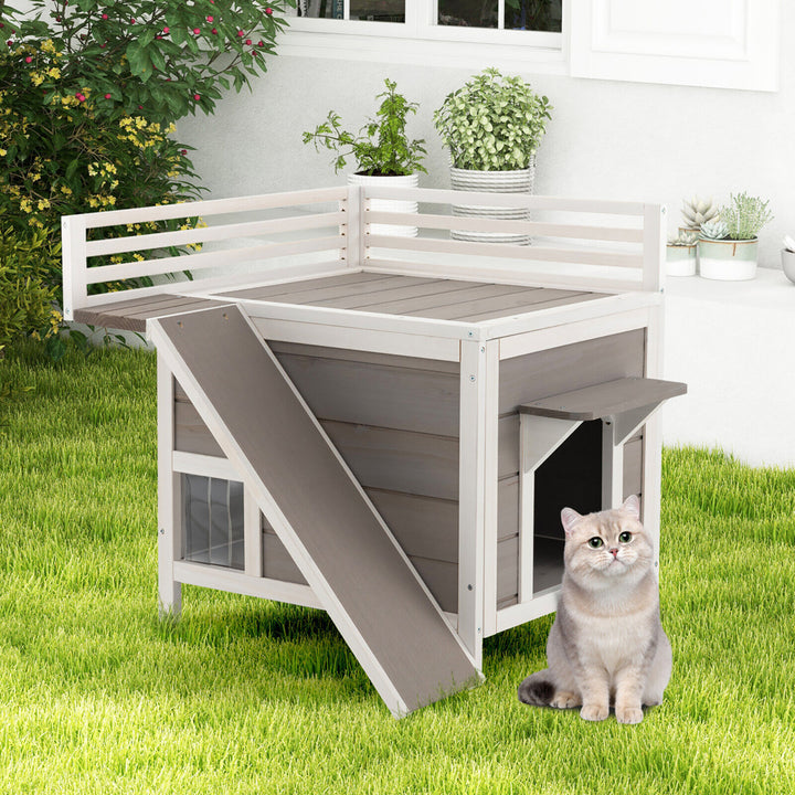 Outdoor Feral Cat House Wooden Kitty Shelter with Balcony and Slide Image 3