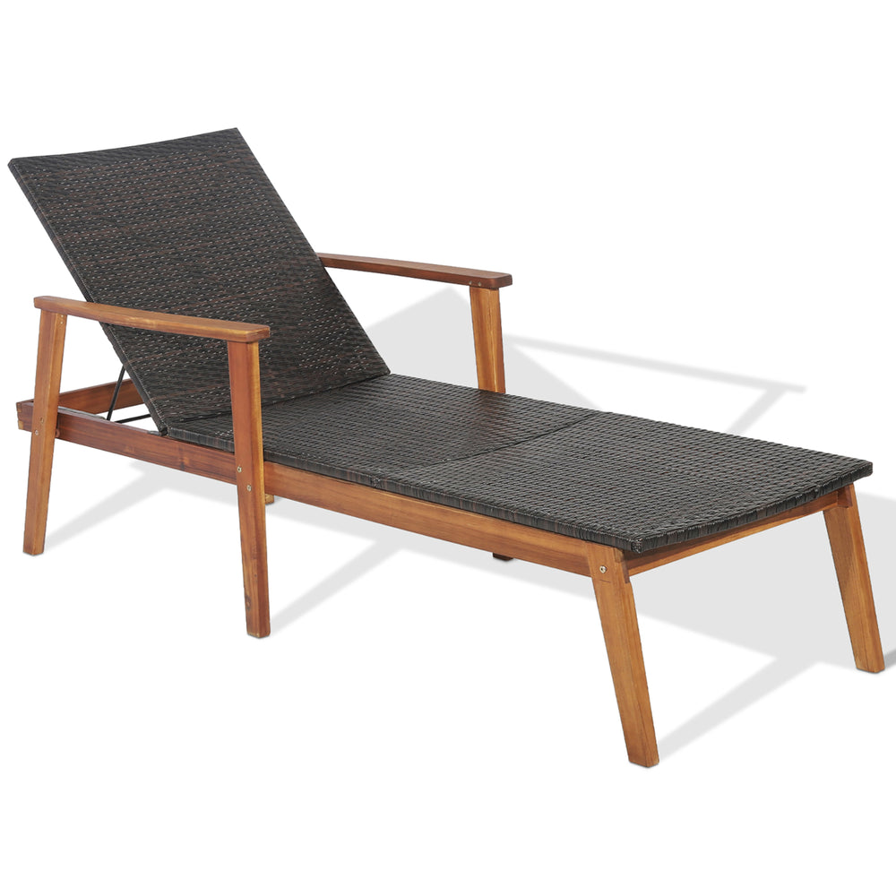 Adjustable Patio Rattan Lounge Chair Recliner Outdoor Chaise Acacia Wood Frame Image 2