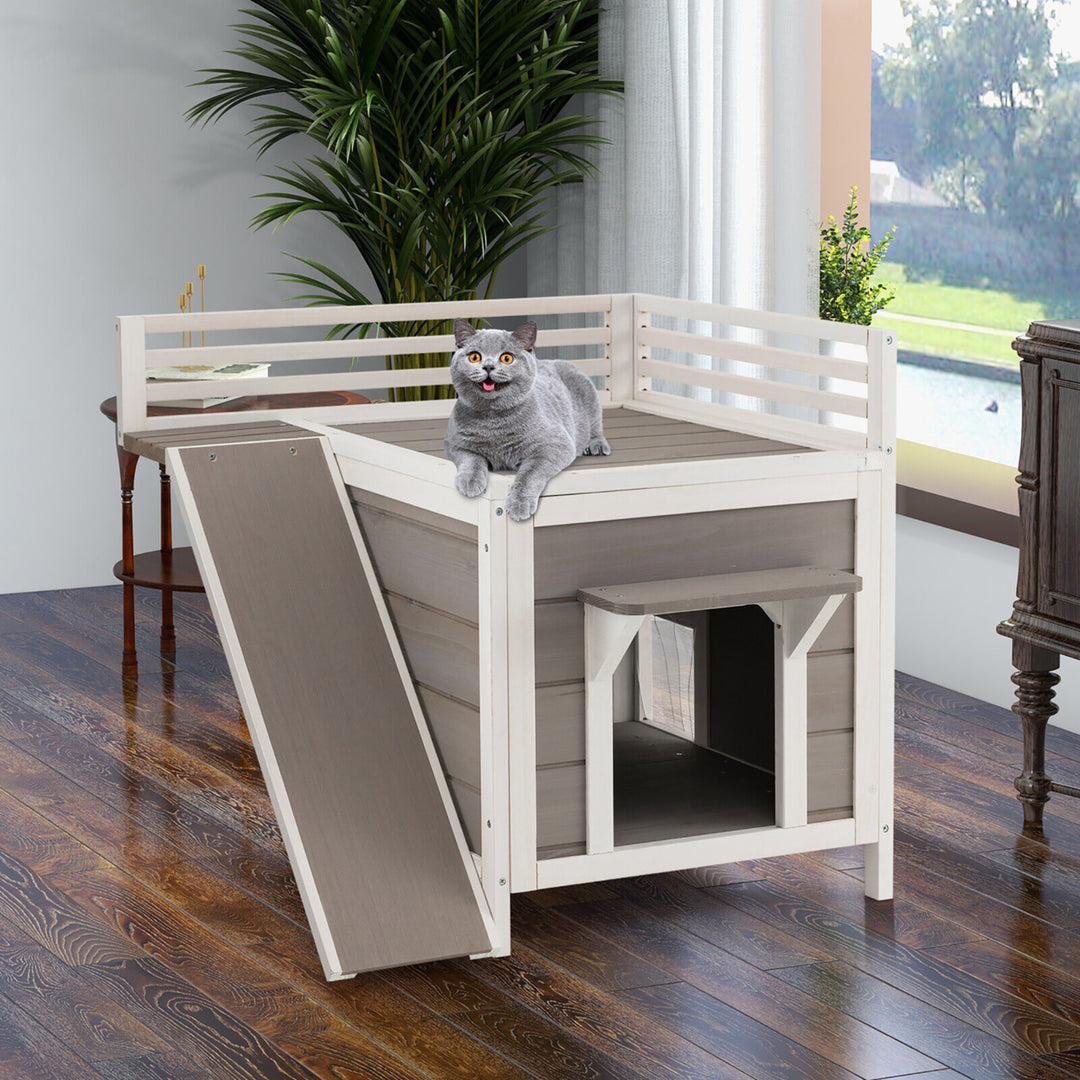 Outdoor Feral Cat House Wooden Kitty Shelter with Balcony and Slide Image 4