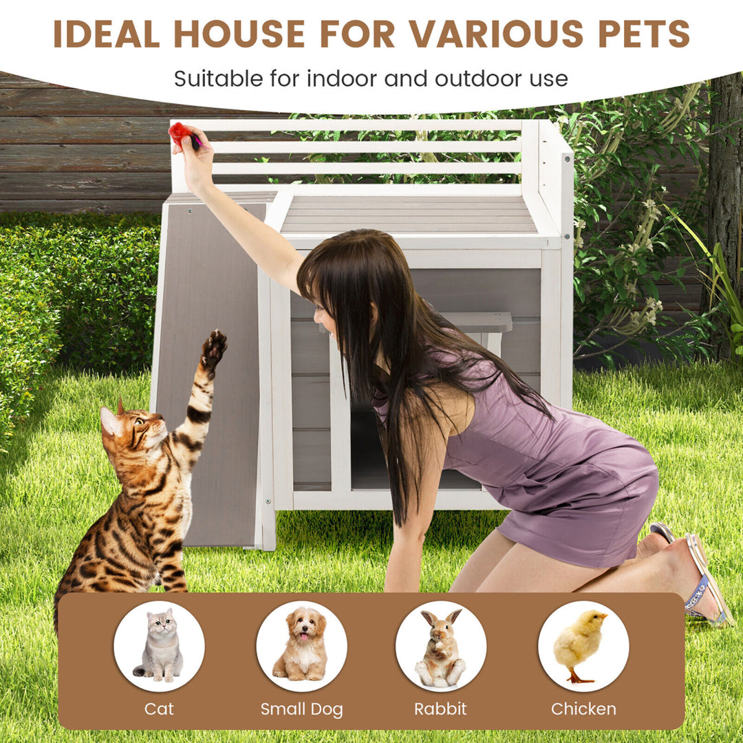 Outdoor Feral Cat House Wooden Kitty Shelter with Balcony and Slide Image 6