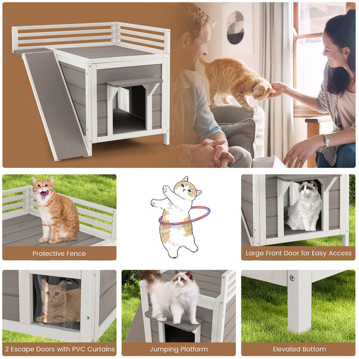 Outdoor Feral Cat House Wooden Kitty Shelter with Balcony and Slide Image 9