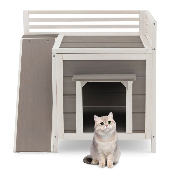 Outdoor Feral Cat House Wooden Kitty Shelter with Balcony and Slide Image 10