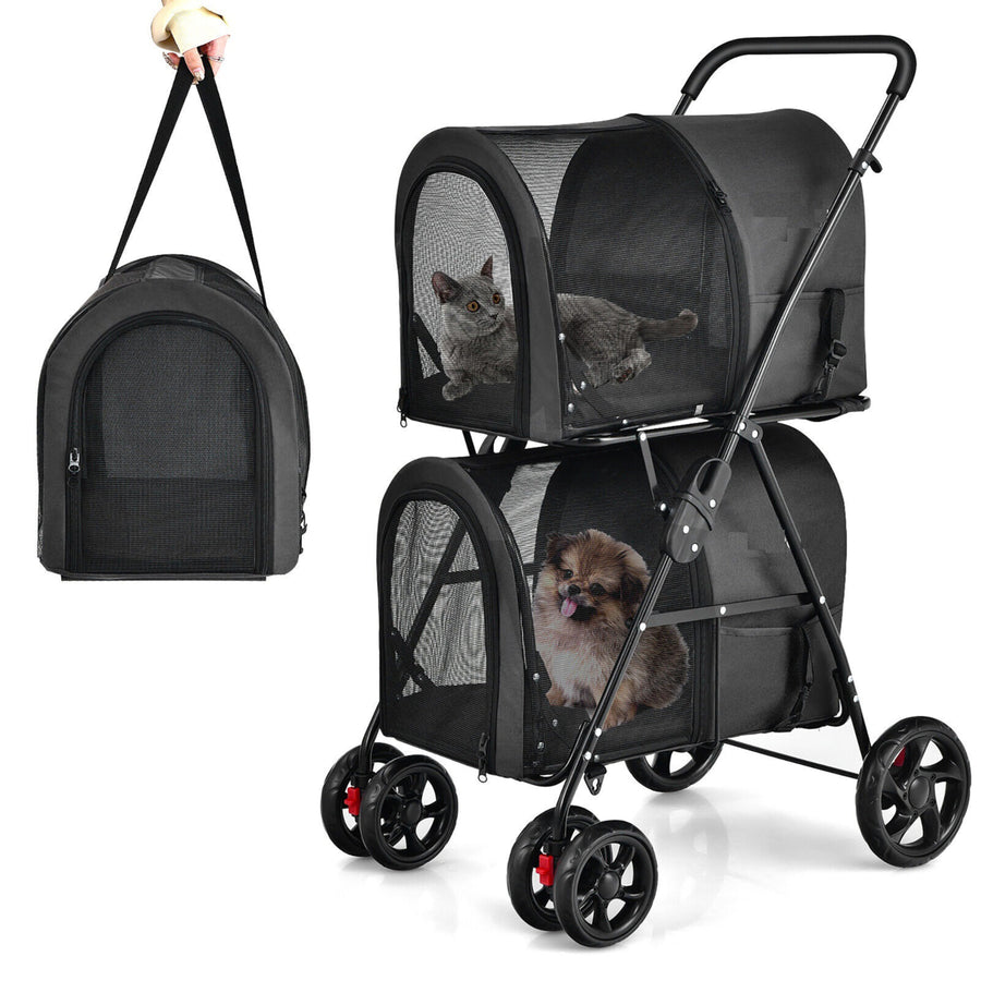 4-in-1 Double Pet Stroller w/ Detachable Carrier Travel Carriage for Cats Black Image 1