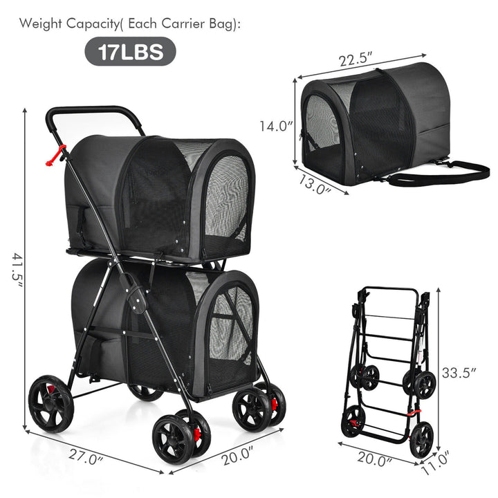 4-in-1 Double Pet Stroller w/ Detachable Carrier Travel Carriage for Cats Black Image 2