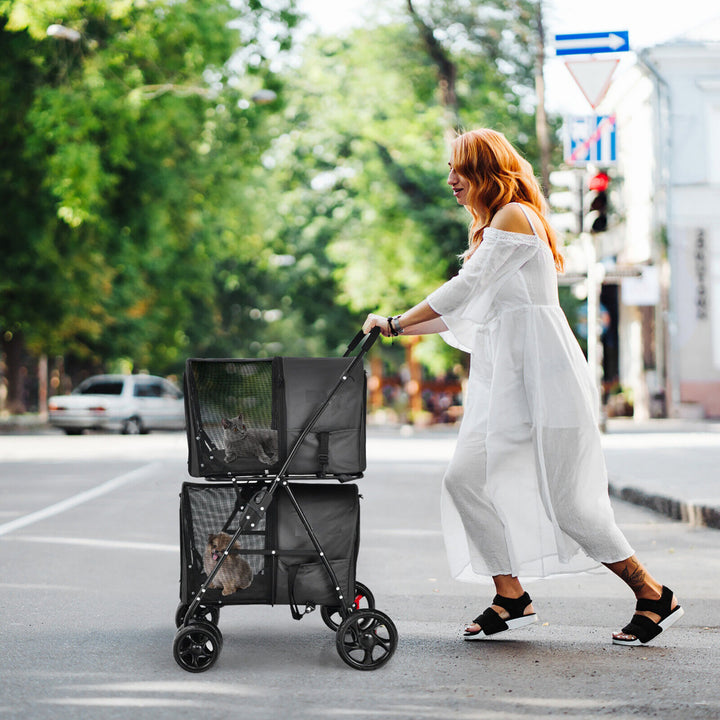 4-in-1 Double Pet Stroller w/ Detachable Carrier Travel Carriage for Cats Black Image 3