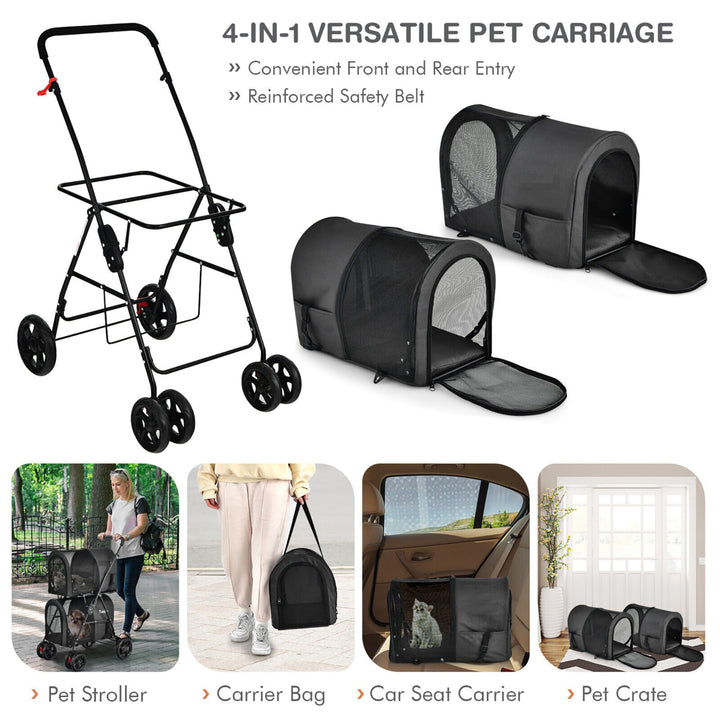 4-in-1 Double Pet Stroller w/ Detachable Carrier Travel Carriage for Cats Black Image 5