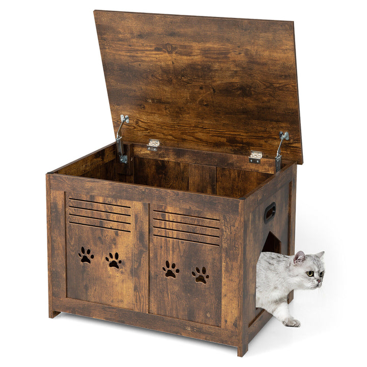 Wooden Cat Litter Box Enclosure Flip-Top Hidden Washroom Bench w/ Side Entrance Image 1