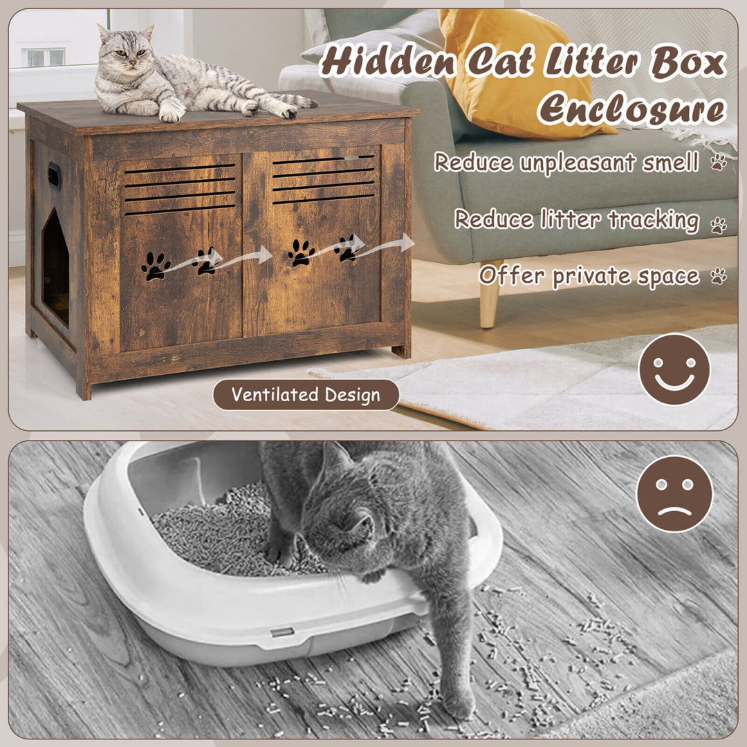 Wooden Cat Litter Box Enclosure Flip-Top Hidden Washroom Bench w/ Side Entrance Image 6