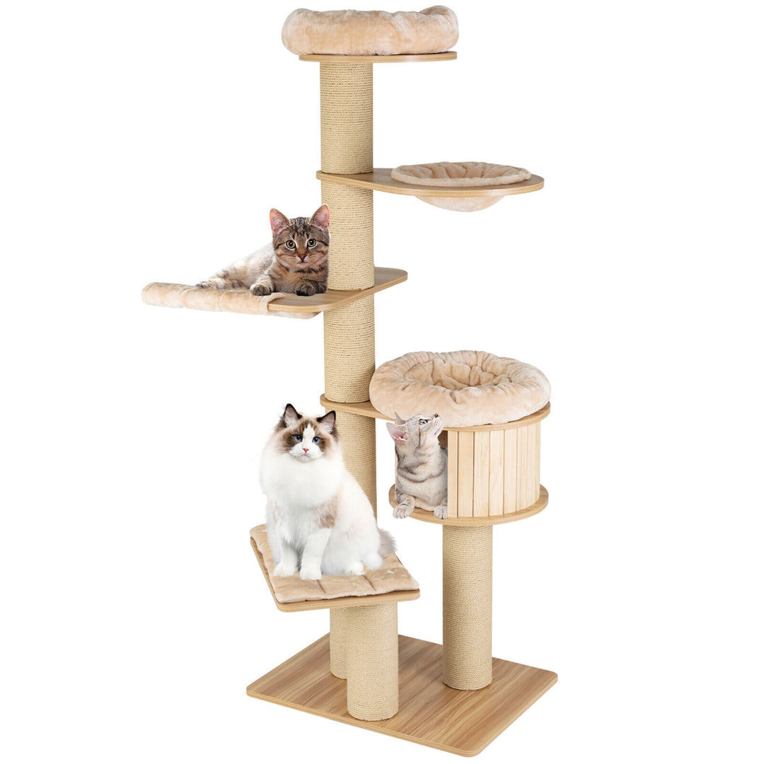 75 Modern Cat Tree Multi-Level Large Cat Tower w/ Hammocks Beige Image 1