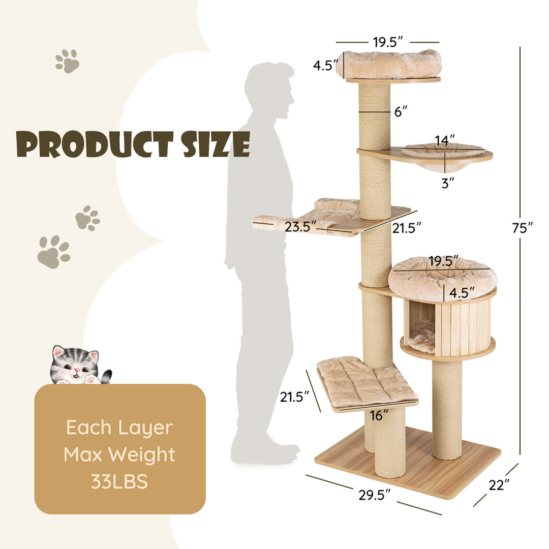 75 Modern Cat Tree Multi-Level Large Cat Tower w/ Hammocks Beige Image 2