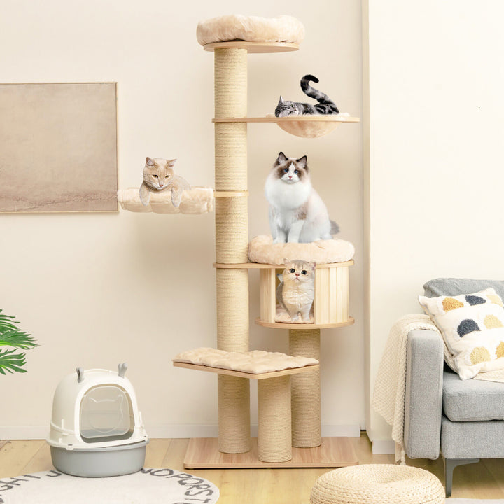 75 Modern Cat Tree Multi-Level Large Cat Tower w/ Hammocks Beige Image 3