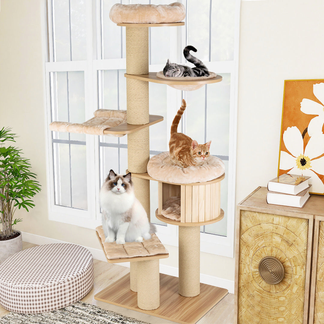 75 Modern Cat Tree Multi-Level Large Cat Tower w/ Hammocks Beige Image 4