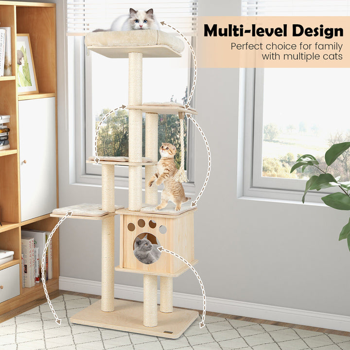 67 in Multi-level Cat Tower w/ Top Perch and Wood Condo Modern Cat Tree Image 5