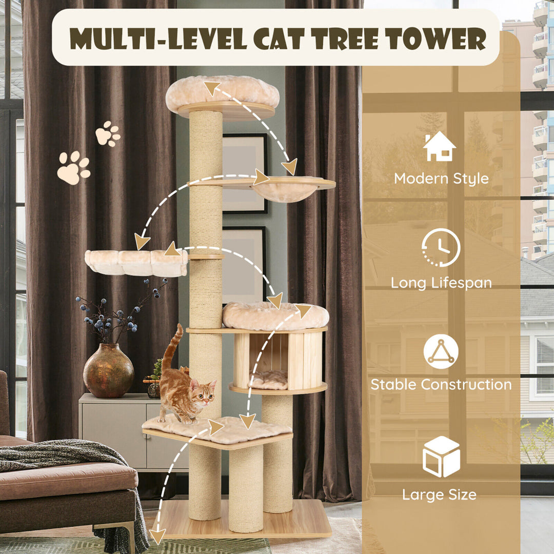 75 Modern Cat Tree Multi-Level Large Cat Tower w/ Hammocks Beige Image 5