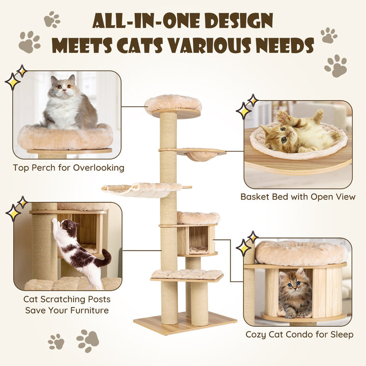 75 Modern Cat Tree Multi-Level Large Cat Tower w/ Hammocks Beige Image 7