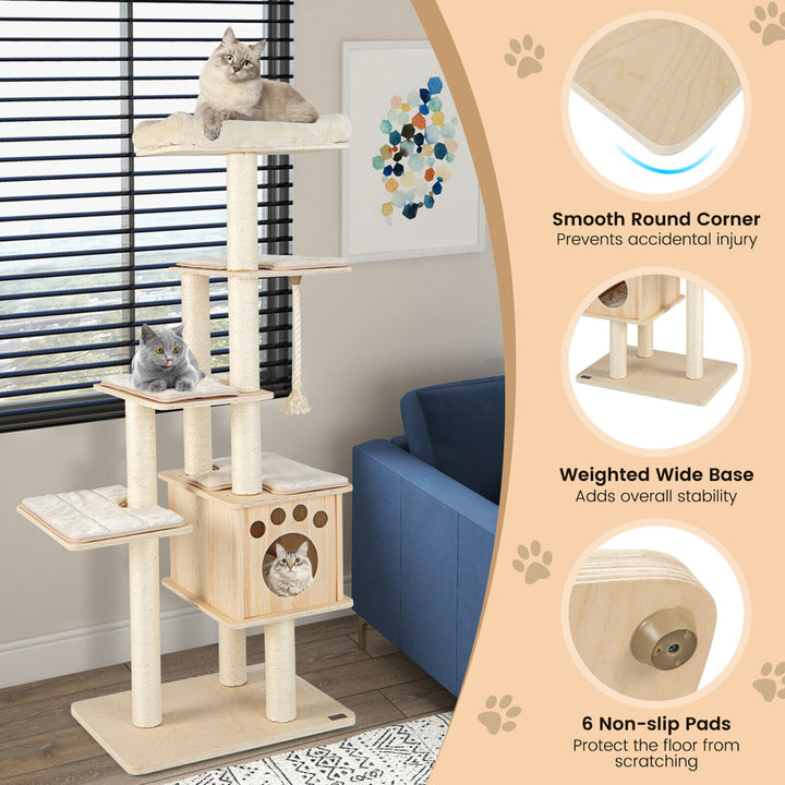 67 in Multi-level Cat Tower w/ Top Perch and Wood Condo Modern Cat Tree Image 9