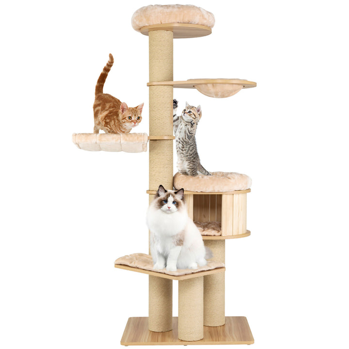 75 Modern Cat Tree Multi-Level Large Cat Tower w/ Hammocks Beige Image 10