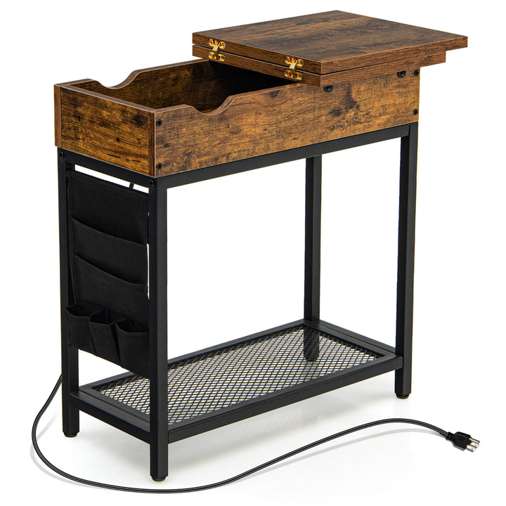 End Table with Charging Station Industrial Nightstand Flip Top Side Pocket USB Image 1