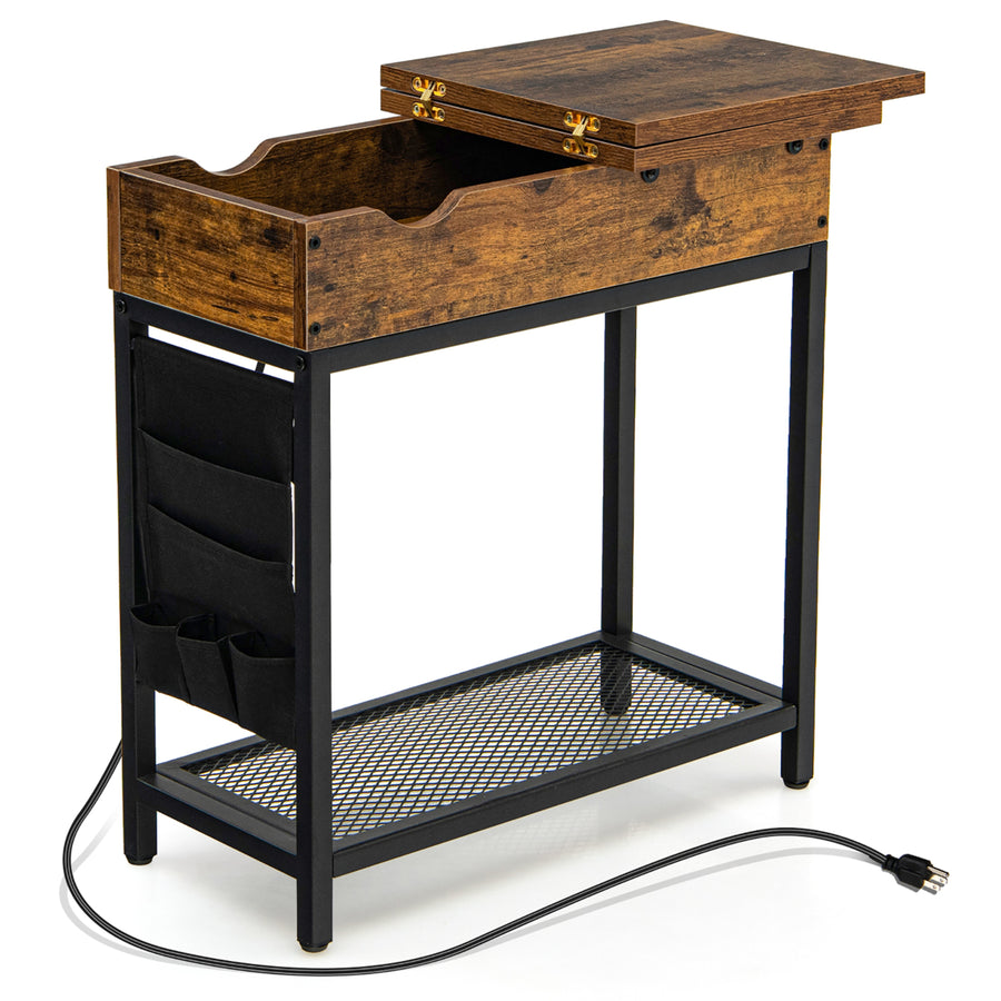 End Table with Charging Station Industrial Nightstand Flip Top Side Pocket USB Image 1