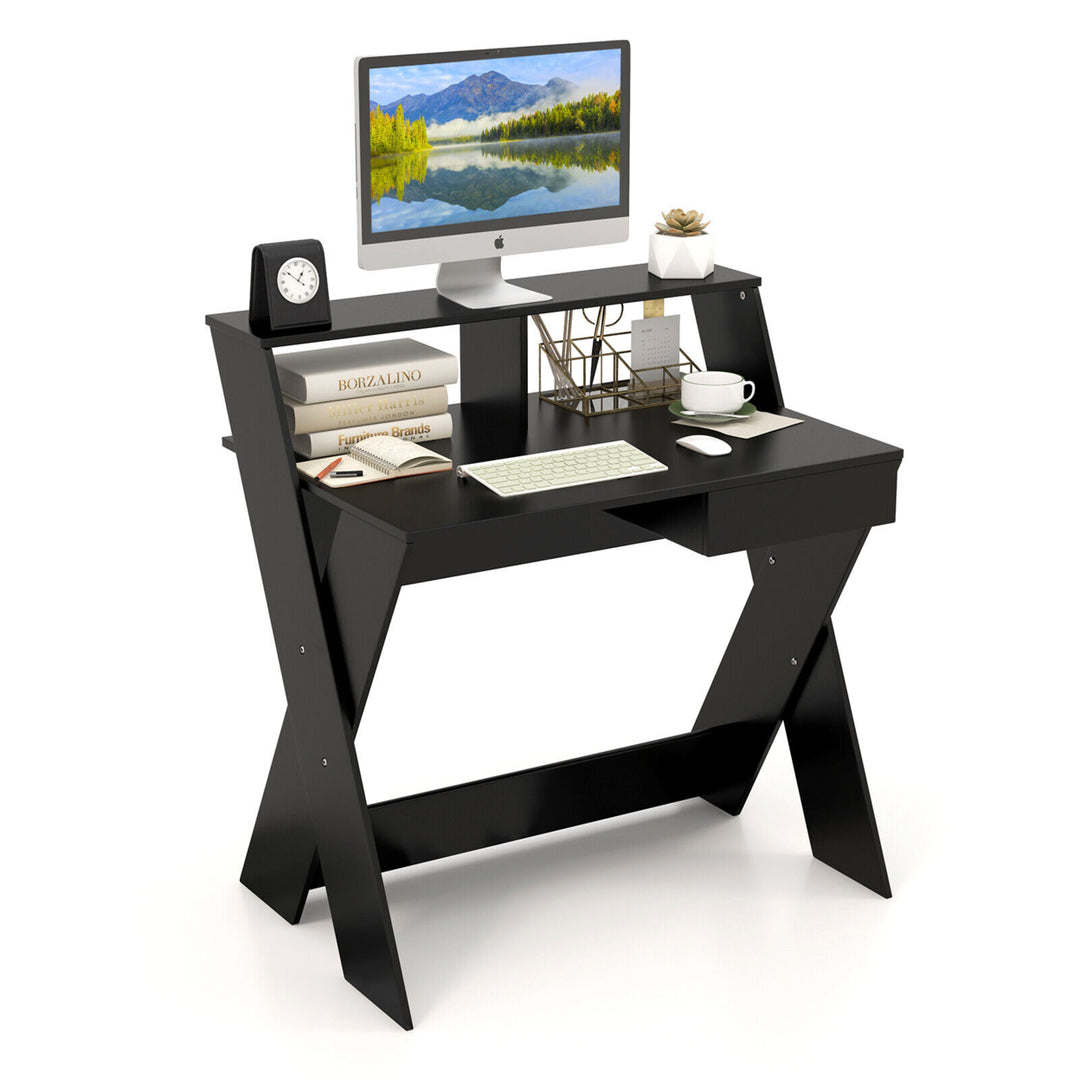 Computer Desk Study Writing Table Small Space w/ Drawer and Monitor Stand Image 1