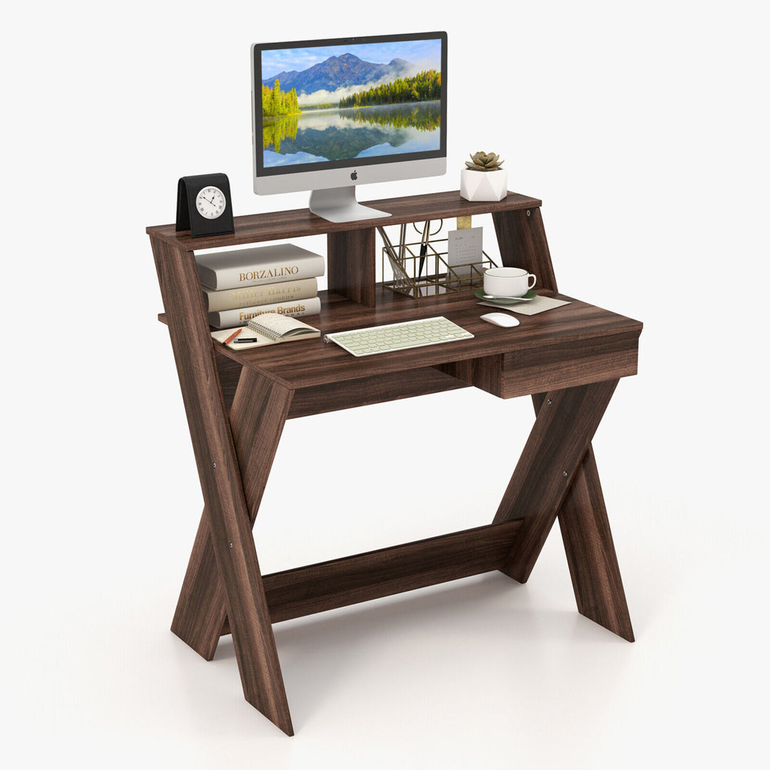 Computer Desk Study Writing Table Small Space w/ Drawer and Monitor Stand Image 5