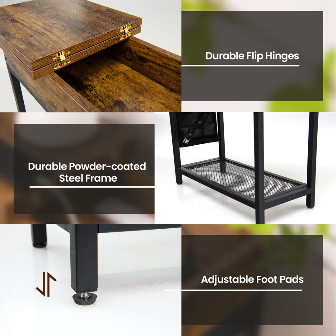 End Table with Charging Station Industrial Nightstand Flip Top Side Pocket USB Image 6