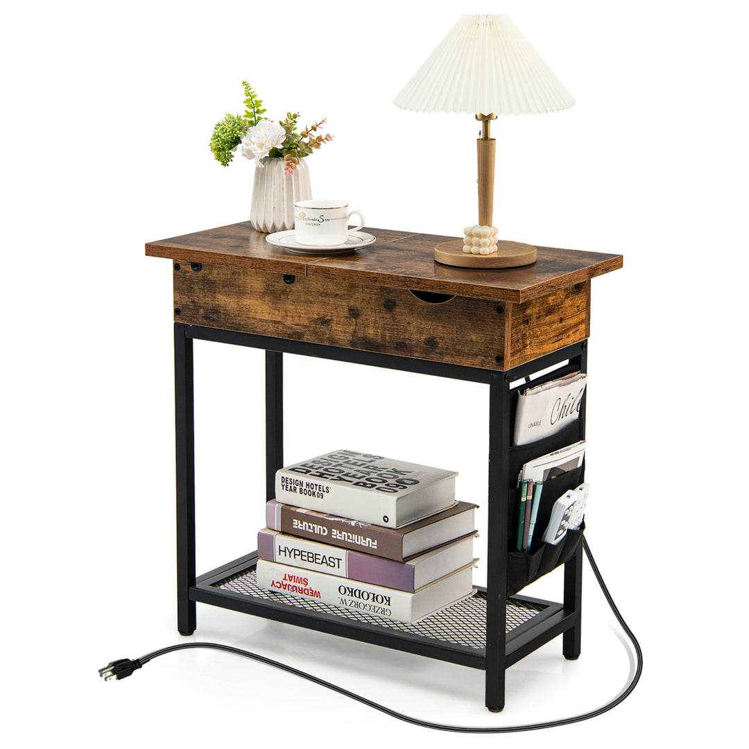 End Table with Charging Station Industrial Nightstand Flip Top Side Pocket USB Image 10