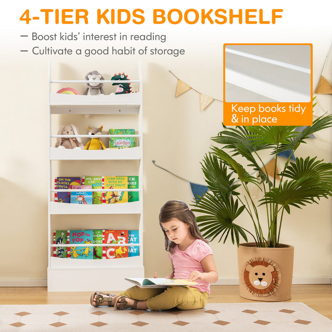 4-Tier Kids Bookshelf Toy Storage Bookcase Rack Wall w/ Anti-toppling Kits Image 2