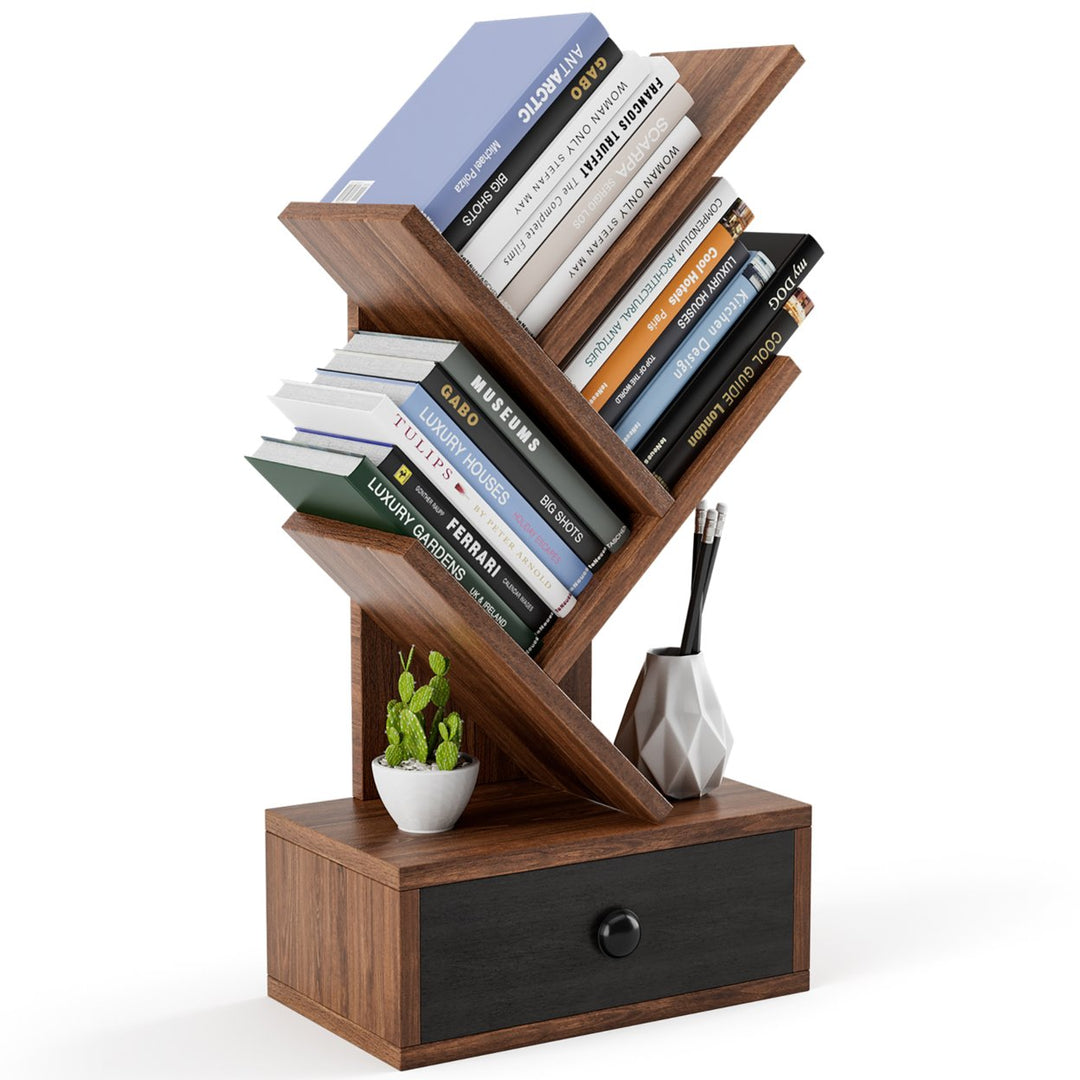 5-Tier Tree Bookshelf w/ Wooden Drawer Display Storage Organizer Rack Image 5