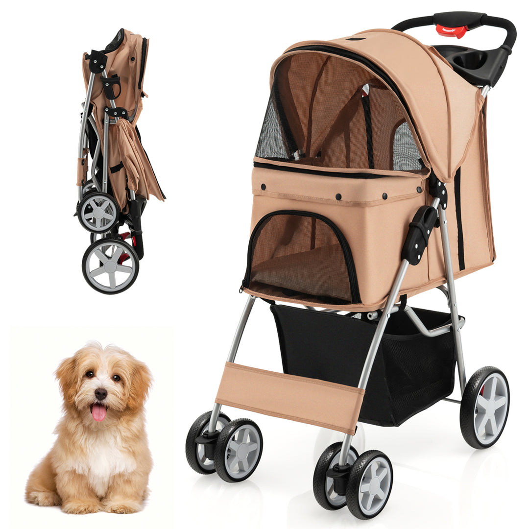 Folding Pet Stroller 4-Wheel Pet Travel Carrier w/Storage Basket Beige Image 1