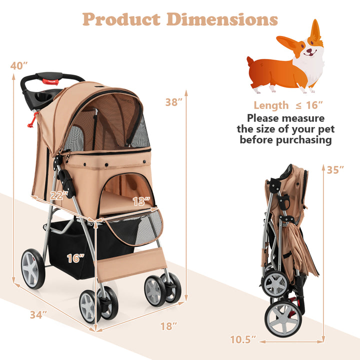 Folding Pet Stroller 4-Wheel Pet Travel Carrier w/Storage Basket Beige Image 2