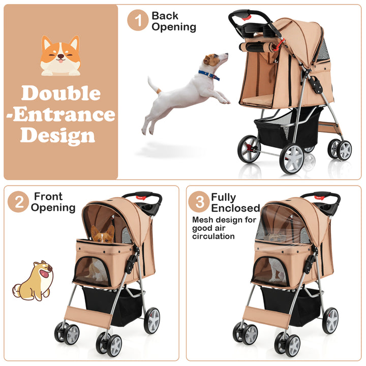 Folding Pet Stroller 4-Wheel Pet Travel Carrier w/Storage Basket Beige Image 4