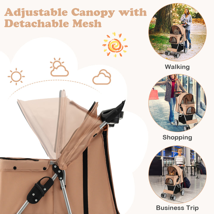 Folding Pet Stroller 4-Wheel Pet Travel Carrier w/Storage Basket Beige Image 5