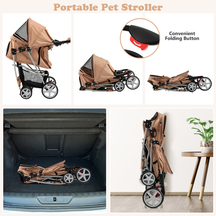 Folding Pet Stroller 4-Wheel Pet Travel Carrier w/Storage Basket Beige Image 6