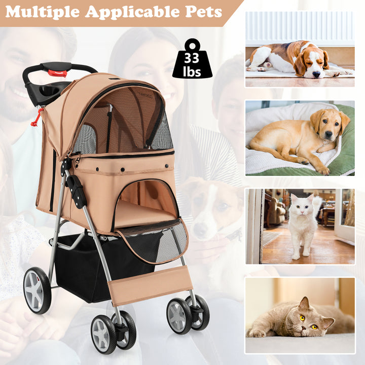 Folding Pet Stroller 4-Wheel Pet Travel Carrier w/Storage Basket Beige Image 7