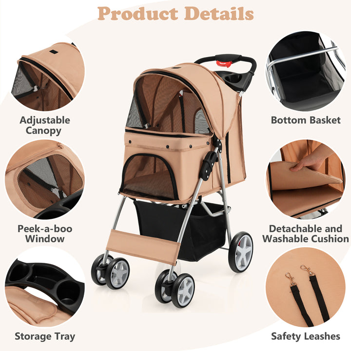 Folding Pet Stroller 4-Wheel Pet Travel Carrier w/Storage Basket Beige Image 8