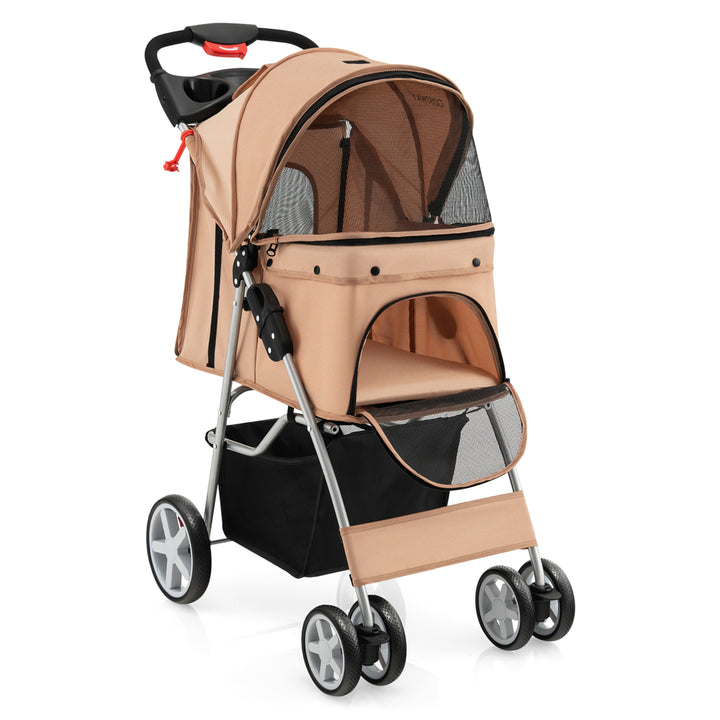 Folding Pet Stroller 4-Wheel Pet Travel Carrier w/Storage Basket Beige Image 9