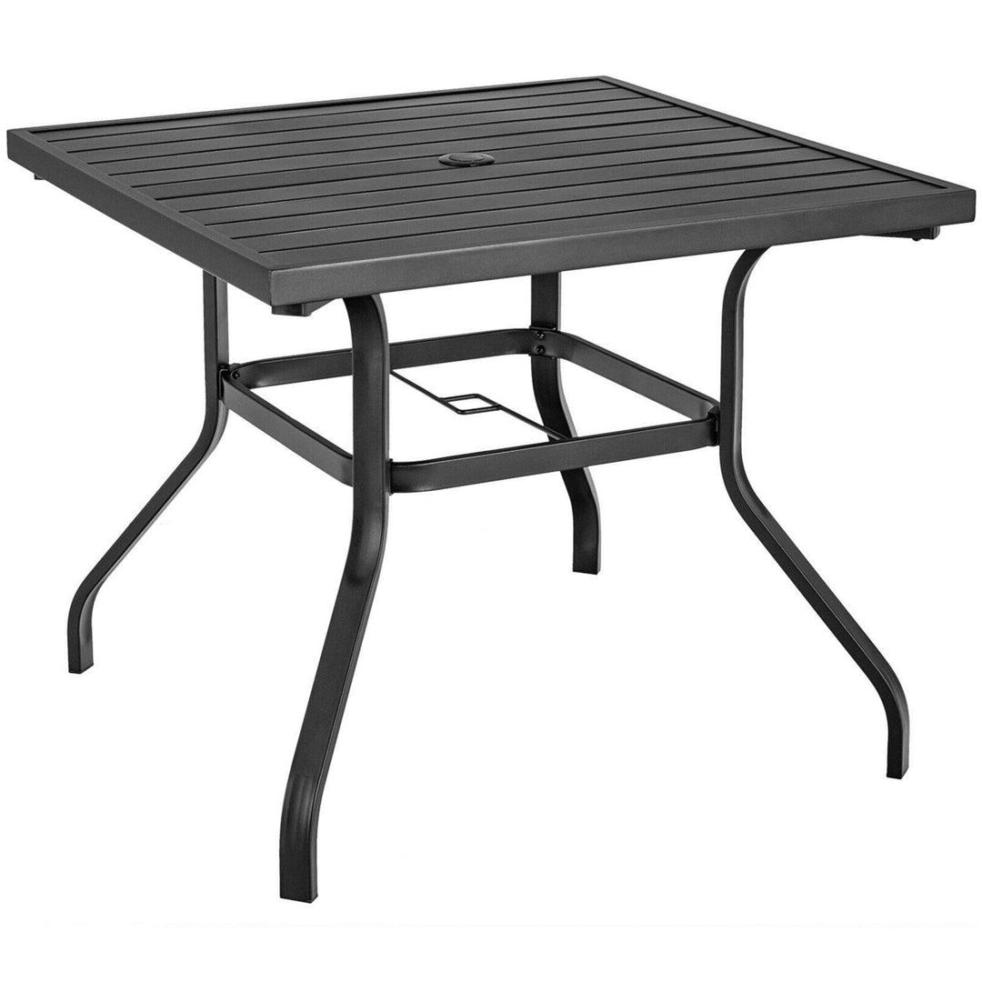 Square Patio Dining Table Metal 4-Person Outdoor Table w/ Umbrella Hole Image 1