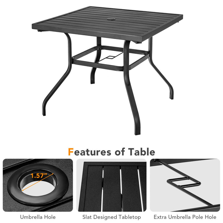 Square Patio Dining Table Metal 4-Person Outdoor Table w/ Umbrella Hole Image 3