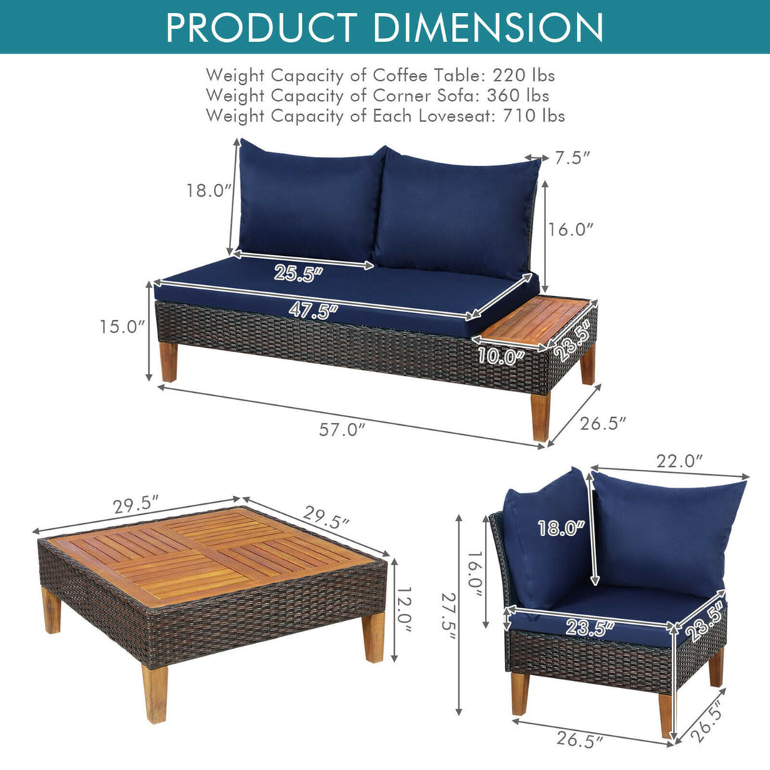 4PCS Acacia Wood Patio Furniture Set Rattan Conversation Set w/ Navy Cushions Image 3