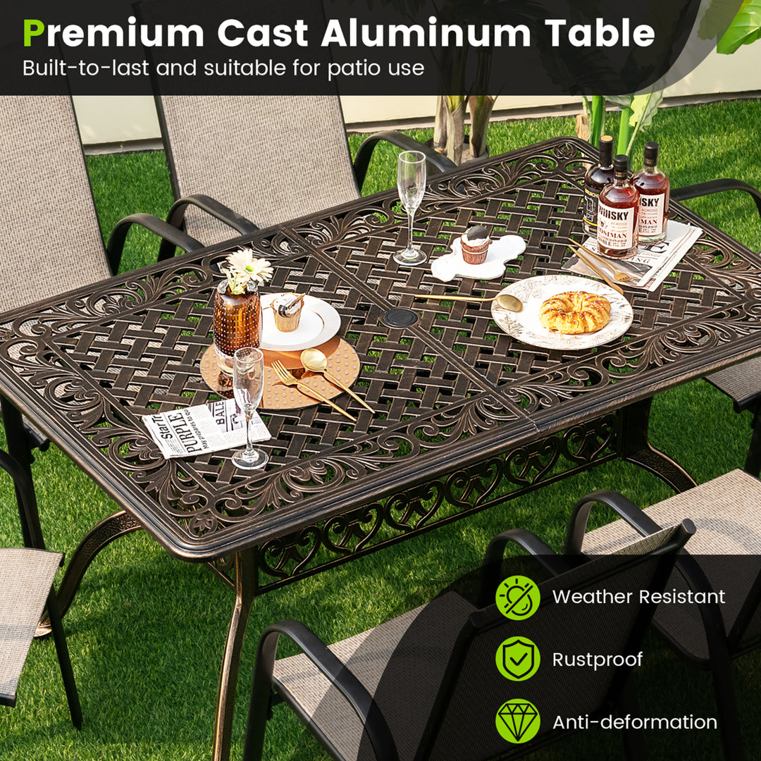 59 Patio Rectangle Dining Table Outdoor Cast Aluminum Table w/ Umbrella Hole Image 5